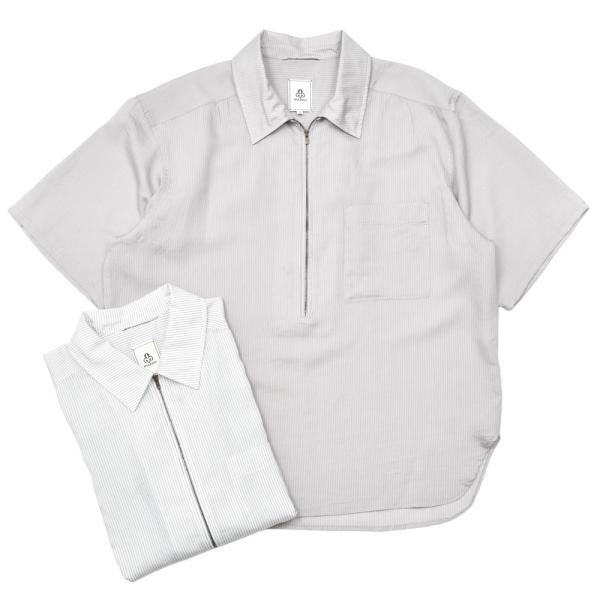 【SALE30】mando（マンド）リヨセルシルクストライプハーフジップS/Sプルオーバーシャツ 2...