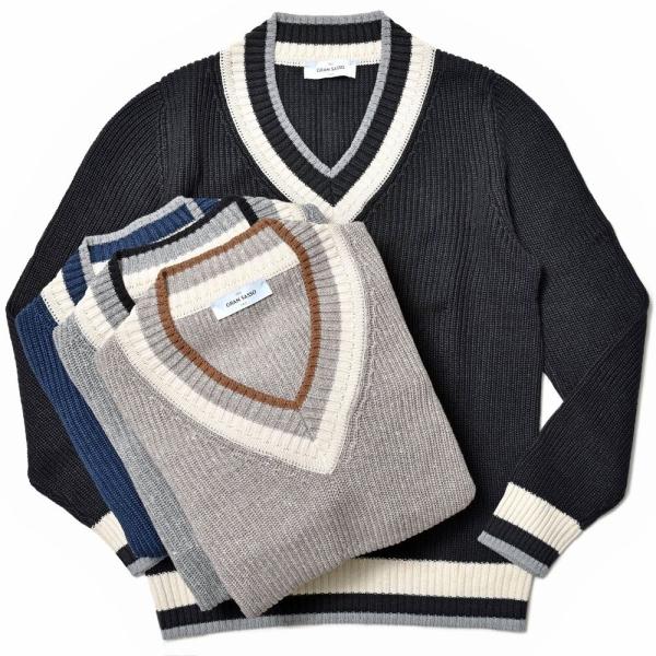 GRAN SASSO（グランサッソ）ローゲージリネンコットンVネックチルデンニット 13178/18...