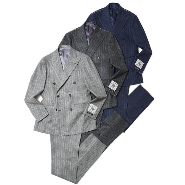 guji（グジ）ウールフランネルチョークストライプ6B1プリーツダブルスーツ(MADE BY RIN...