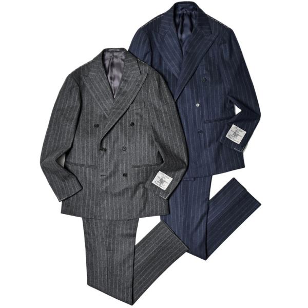 guji（グジ）ウールフランネルチョークストライプ6B1プリーツダブルスーツ(MADE BY RIN...