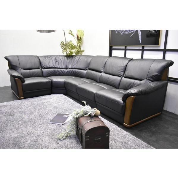 人気商品！本革張りコーナーソファー 5点セット 本革 ブラック レザー 応接 ソファL字 スコット ...