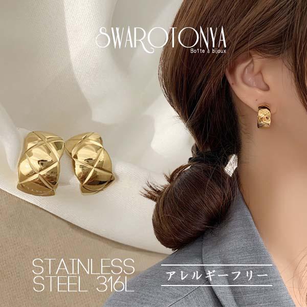 ステンレス ダイヤ柄 フープ ピアス /格子柄