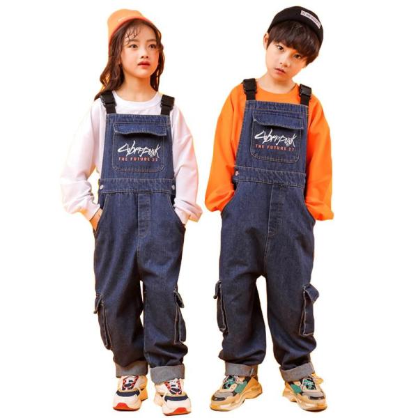キッズ ダンス 衣装 ヒップホップ デニム サロペット パンツ デニムパンツ オーバーオール ロング...
