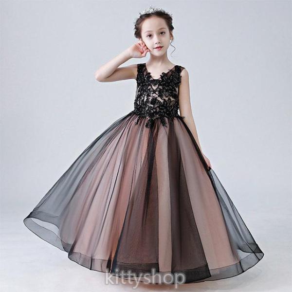 子供ドレス 発表会 ロングドレス ブラック 女児 ドレス Vネック ノースリーブ 黒 演奏会ドレス ...