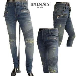 バルマン BALMAIN メンズ パンツ ボトムス デニム バイカーパンツ ジップポケット付きクラッシュ加工バイカーパンツ ネイビー  (R170600) 91A