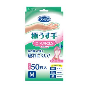 ファミリー ニトリルゴム 手袋 極薄うす手 Mサイズ 50枚入り ホワイト 粉なしタイプ 左右両用 調理 耐油 耐摩耗性 エステー｜gyomudrug