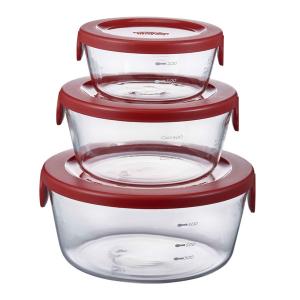 HARIO（ハリオ）耐熱ガラス製 保存容器 丸 （300ml・600ml・1200ml） レッド 日本製 3個セット
