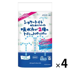 トイレットペーパー 12ロール入 パルプ ダブル 25m 無香料 シャワートイレのためにつくった吸水力が2倍 リーフ 1セット（4パック）大王製紙