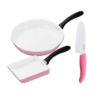 【ワゴンセール】【数量限定・お得セット】 京セラ セラミックナイフ+セラブリッド 玉子焼き器・セラミックフライパン ガス火対応 ピンク 3点セット otk
