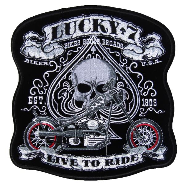 大きい アイロンワッペン バイカー スカル 13 LUCKY 7 LIVE TO RIDE