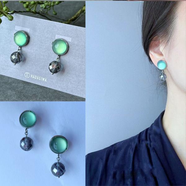 ピアス 天然石 揺れる 金属アレルギー対応 ミドナイトオーラ 軽い アレルギー対応 石 緑 グリーン...