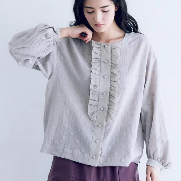 【SALE セール】MAGALI | コットンスノードット・フリルブラウス (ラベンダーグレイ) |...