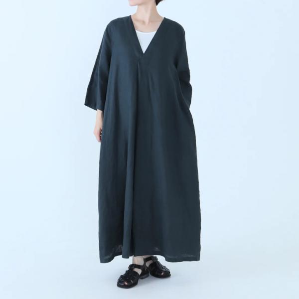 FACTORY (ファクトリー) | 26SS フランスリネン Vネックワンピース (ディープグリー...