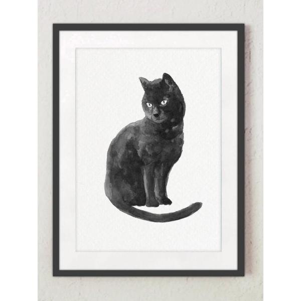 COLOR WATERCOLOR | Black Cat Art Print #4 | A3 アート...