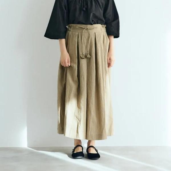 MAGALI | リネンコットンストライプ・タックワイドパンツ (ベージュ) | マガリ ボトムス ...