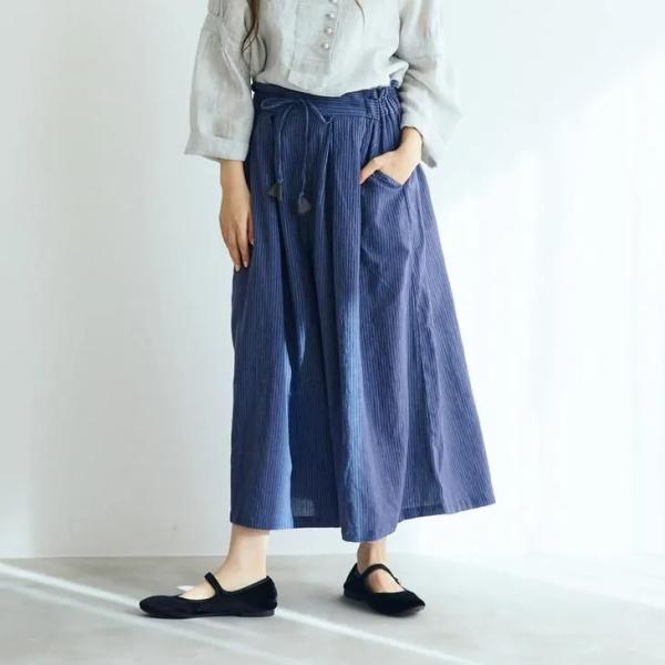 MAGALI | リネンコットンストライプ・タックワイドパンツ (ブルー) | マガリ ボトムス パ...