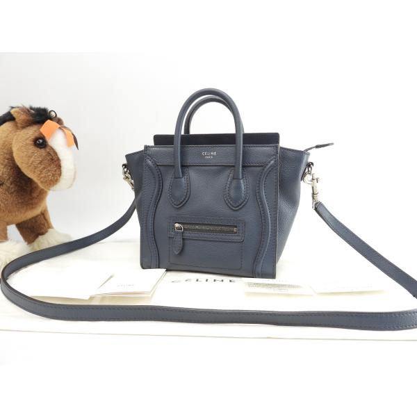 セリーヌ ラゲージナノ レザー 濃青 ポシェット ミニハンドバッグ クロスボディバッグ@F-ZP-0...