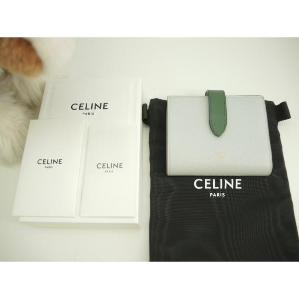 セリーヌ スモールストラップウォレット エッセンシャル レザー水色緑 2折財布@W-9P-2271