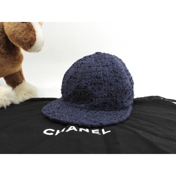 シャネル キャップ ツイード ウール70%紺 ヘッドウォーマー ココマーク 美品@ 4