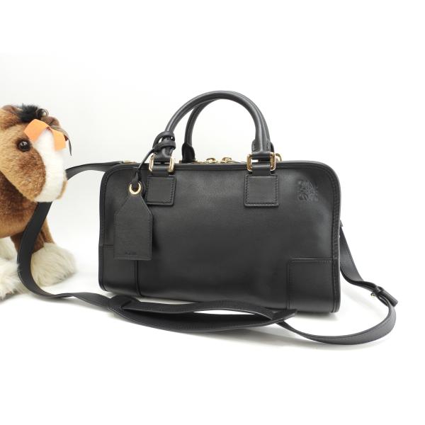 ロエベ アマソナ28 ストラップ付 スムースレザー黒 ハンドバッグ ゴールド金具 極美品@47170...