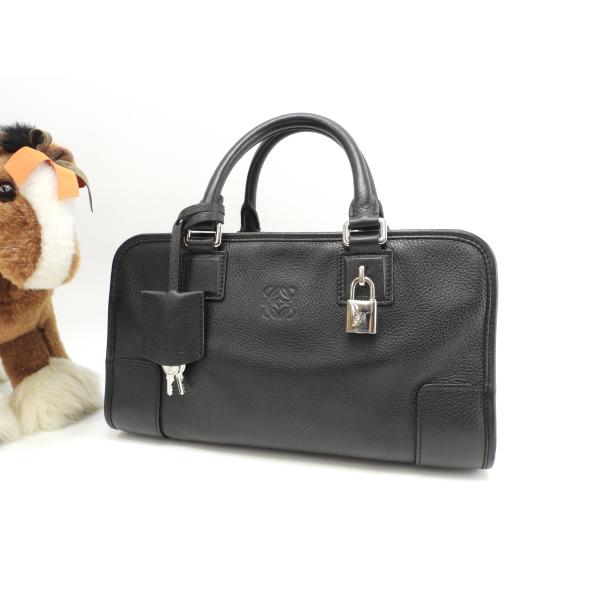 ロエベ アマソナ28 シルバー金具 レザー 黒 ハンドバッグ アナグラム 美品@011305