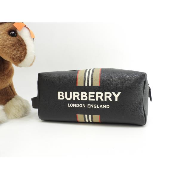 バーバリー セカンドバッグ ストライプ レザー黒 クラッチバッグ 極美品@ROPELP1071SEB