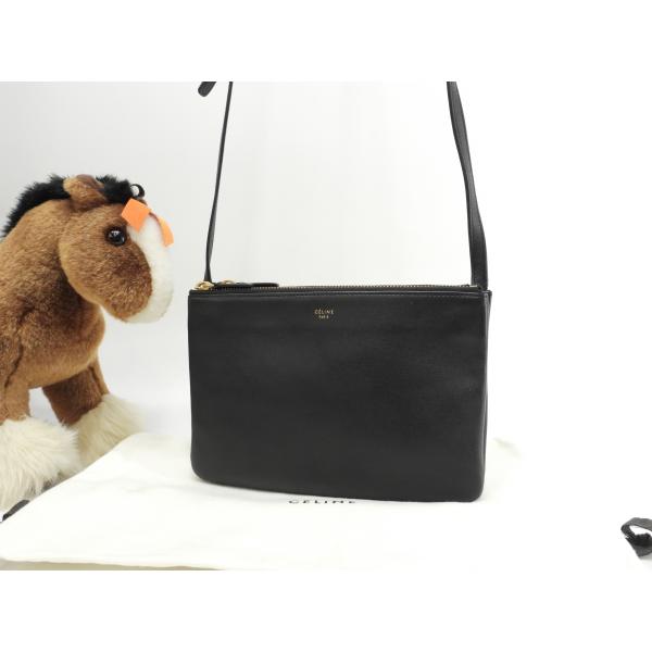 セリーヌ トリオスモール レザー 黒 ゴールド金具 ポシェット クロスボディバッグ@S-CU-013...