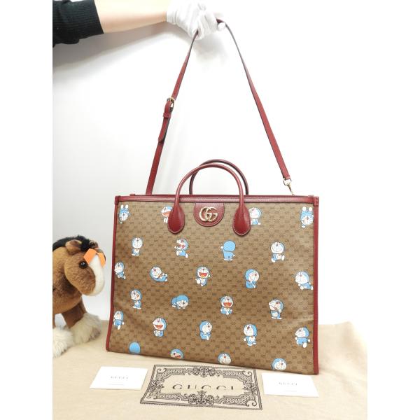 グッチ s付トートバッグ大 ドラえもん マイクロGG茶赤 ハンドバッグ大 ショルダーバッグ 美品@ ...