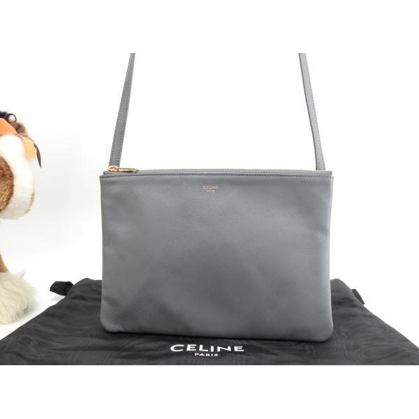 セリーヌ トリオ ラージ スムースレザー灰 クロスボディバッグ ポシェット 極美品@S-CU-215...