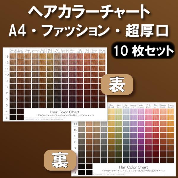 ヘアカラーチャート(ファッションカラー,おしゃれ染め) A4超厚口両面 10枚セット 表:仕上がりの...