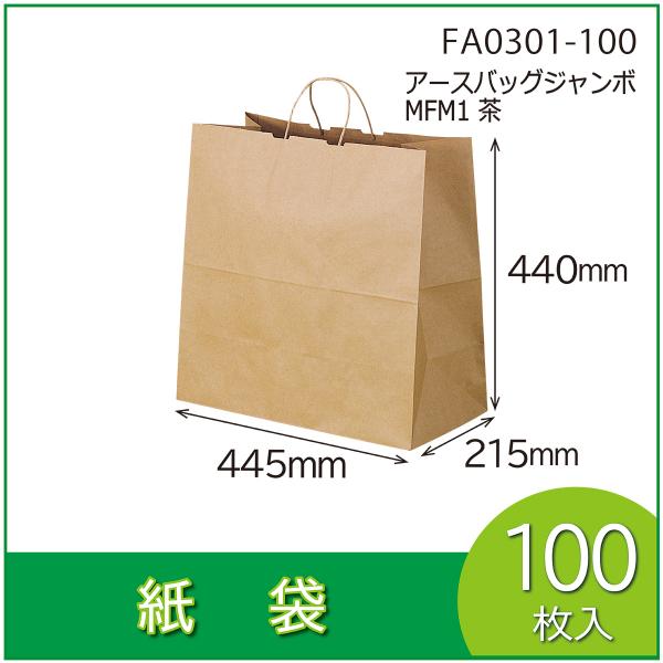 紙袋　アースバッグジャンボ　手提　ギフト用　土産袋　ペーパーバッグ　マチ付　丸紐　100枚入（FA0...