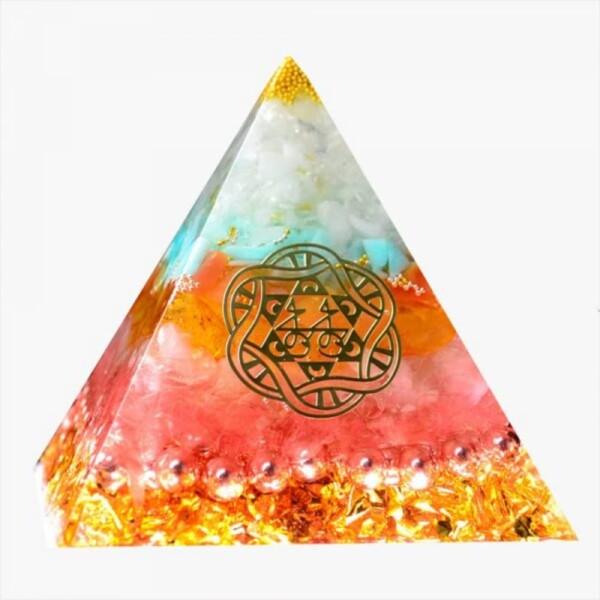 オルゴナイト ピラミッド型 60x60mm タイガーアイ 水晶 金箔 天然石 置物 7つのチャクラ ...
