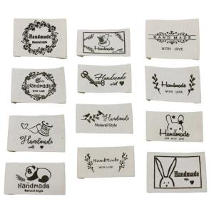 LOYELEY ハンドメイド用 タグ 12種 48枚セット フラワー ウサギ パンダ コットン 綿 ロゴ ワッペン