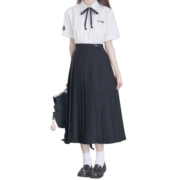 (Sharphon) 制服 スカート 80CM丈 黒 ロング 無地 ライン ハイウエスト プリーツス...