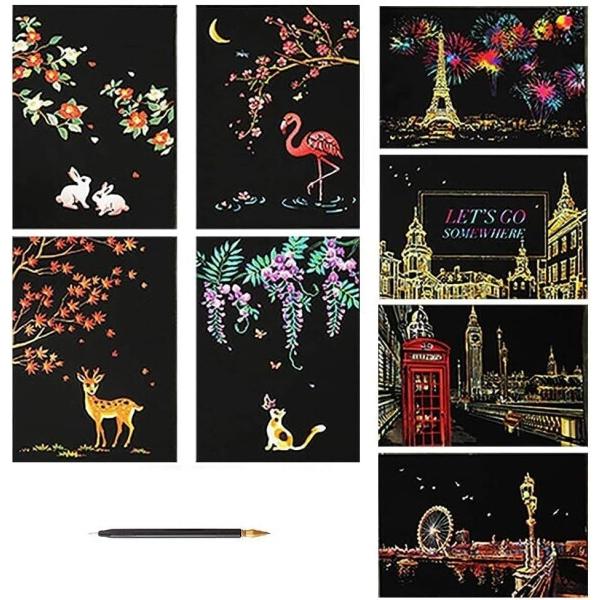 siawadeky スクラッチアート 8枚セット はがきタイプ 世界的に有名な観光 夜景 花火 塗り...