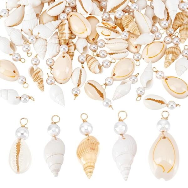 (PH PandaHall) 天然シェルチャーム 100個 5種類 貝 ペンダント パール付き 貝殻...