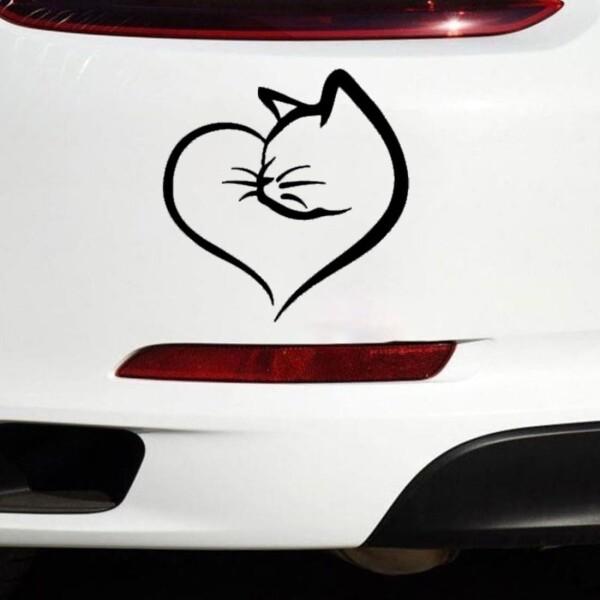ハートの中に猫が描かれたシャープな車用ステッカー デカール 2枚セット - 12.5x13cm - ...