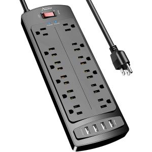 Power Strip Alestor Surge Protector with 12 Outlets and 4 USB Ports 6 Feet Extension Cord (1875W/15A) 2700 Joules ETL Listed Black　並行輸入品