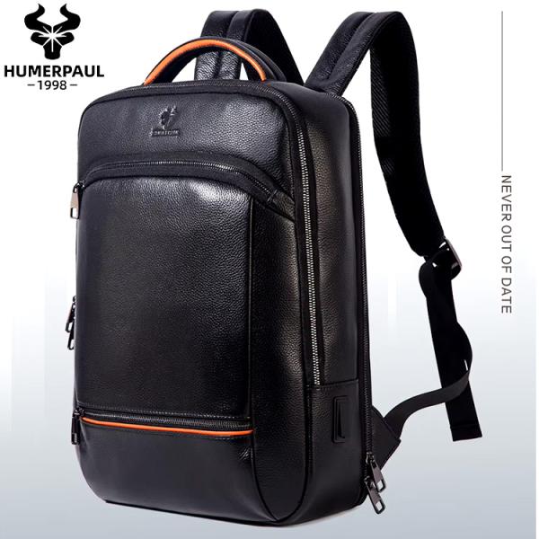 品質と実用性を兼ね備えた 本革 リュックサック オレンジラインの黒リュック HumerPaul MH...