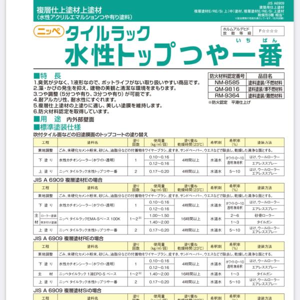 タイルラック水性トップつや一番　15kg　ホワイト・白　日本ペイント　上塗り塗料