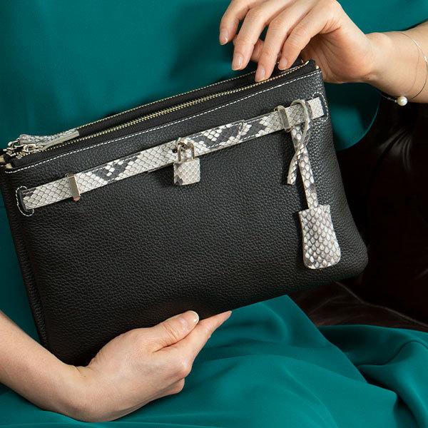 【傳濱野】2wayクラッチショルダーバッグ　贅沢ハーフパイソンモデルMietia Vivi Clar...