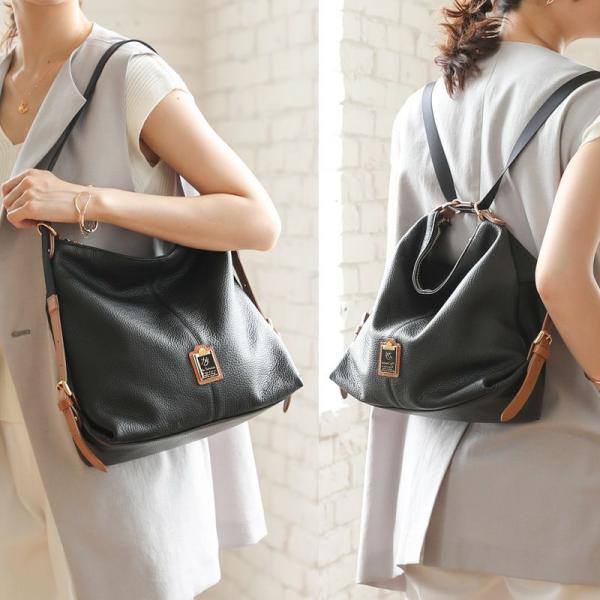 【HerSchedule】イタリア製撥水レザー＆撥水ナイロンの軽量リュック0秒でトートにもリュックに...