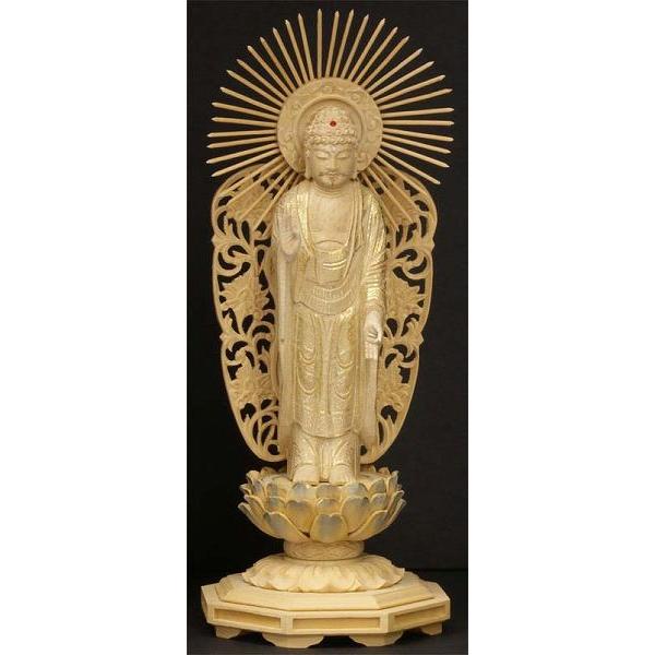 御仏像　阿弥陀如来立像御本尊　　浄土真宗本願寺派用　　楠仏カヤ彩色台　３．５寸　　お仏壇・仏具の浜屋