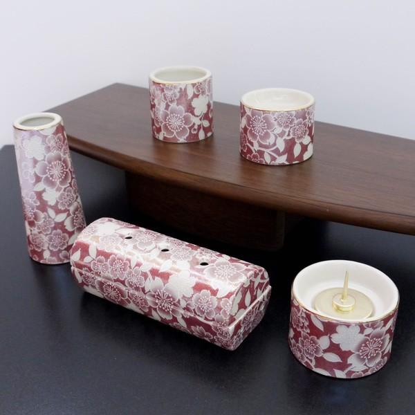 [仏具セット]　五具足　ゆい花　筒型香呂5点セット　ワインレッド 　　お仏壇・仏具の浜屋