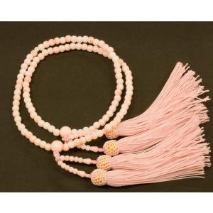 数珠（念珠）　上　新ピンク珊瑚・共仕立　人絹頭付房　女性用２連 ●お仏壇・仏具の浜屋
