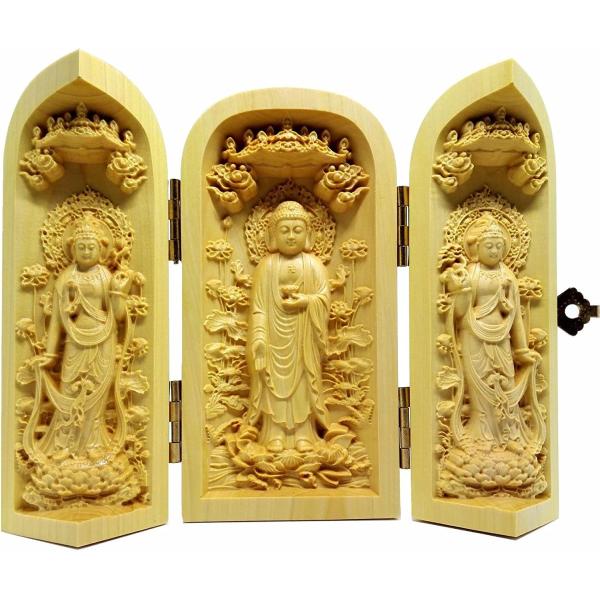 阿弥陀三尊立像 天然木製(柘植ツゲ) 約10cm 阿弥陀如来 観音菩薩 勢至菩薩 木彫仏像 彫刻 三...