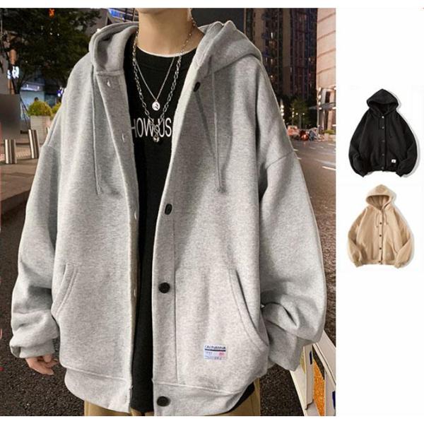 ジップアップパーカー メンズ 長袖パーカー ポケット ボタン ゆったりフード付き おしゃれスウェット...