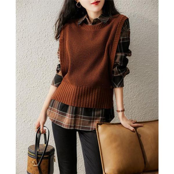 ニットベスト タンクトップ レディース チョッキ 重ね着 ベスト ランドネック無地 カジュアル ジレ...