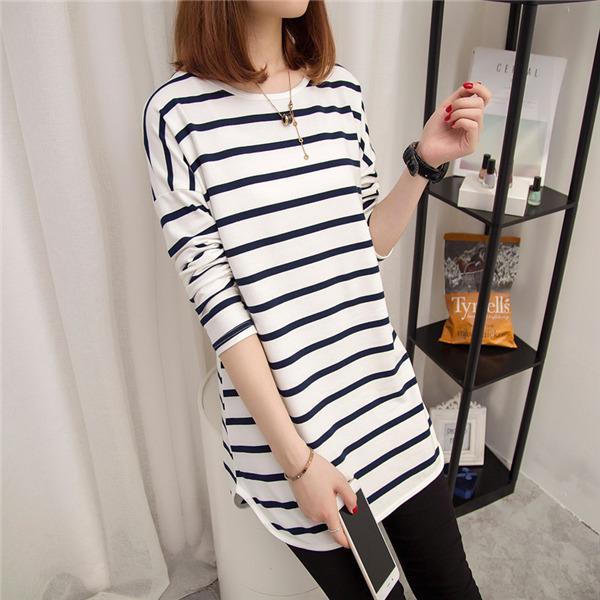 Tシャツ 長袖 レディース ミドル丈 ストライプ柄 春 夏 秋 ルームウェア スリム おしゃれ 通勤...