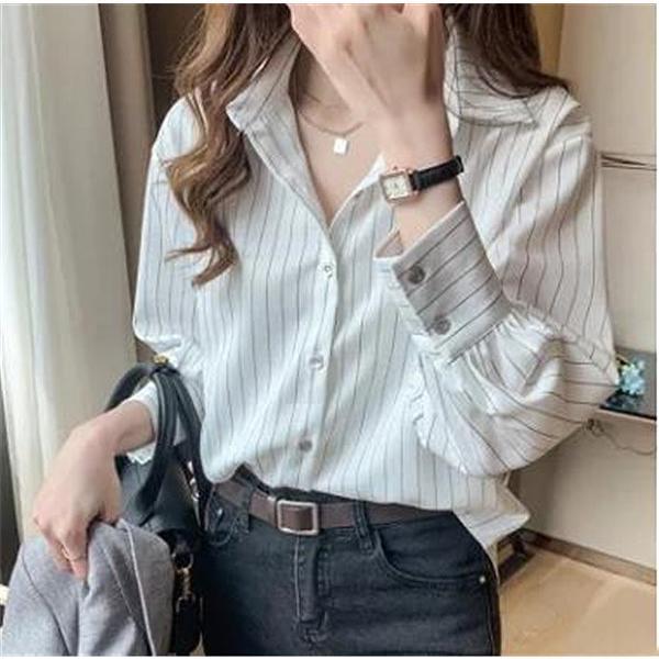 シャツ ブラウス 長袖 レディース ワイシャツ 開襟シャツ 春 秋 ストライプ柄 ビジネス カジュア...